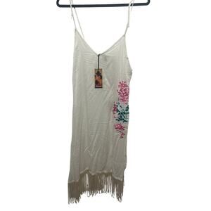 Akasa Embroided Floral Beach Cover V-neck Fringed Hem Slip Dress NWT 6